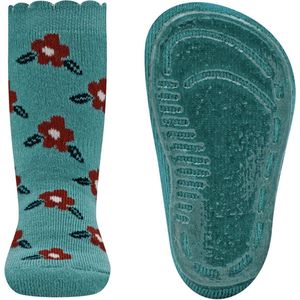 Ewers Antislipsok - Grijsgroen - Bloemen Wit/Bruin/Donkerblauw - Bewerkte Rand - Siliconenzool-31/34