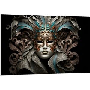 PVC Schuimplaat- Wit Venetiaanse carnavals Masker met Blauwe en Gouden Details tegen Zwarte Achtergrond - 120x80 cm Foto op PVC Schuimplaat