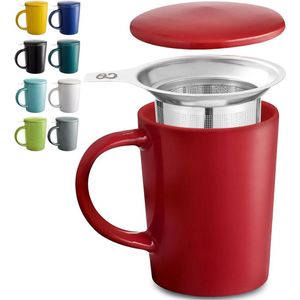 Theekop met zeef en deksel - Geel - Houdt lang warm - 400ml XXL large - Vaatwasmachinebestendig (Robijnrood)