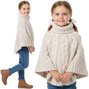 Beige poncho voor meisjes, coltrui – warme, gebreide winterkleding