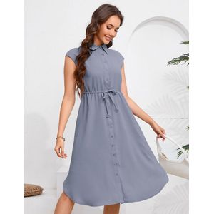 Zomerjurk dames casual overhemdjurk blousejurk met korte mouwen midi-jurk wikkeljurk Blauw XXL