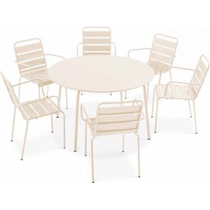 Oviala - Set van een ronde tuin tafel en 6 ivoorkleurige stalen fauteuils - Palavas