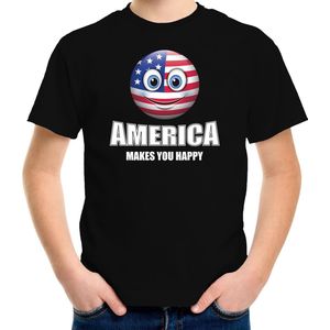 America makes you happy landen t-shirt Amerika met emoticon - zwart - kinderen - USA landen shirt met Amerikaanse vlag - WK / Olympische spelen outfit / kleding 158/164