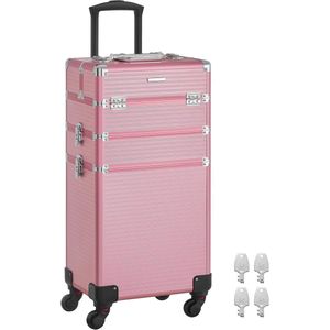Cosmeticakoffer, grote trolley, met wielen, professioneel, make-up koffer leeg, beautycase, make-up koffer, 4 universele wielen, voor reizen en werk,pastelroze, HMTM-BC-30021-PINK