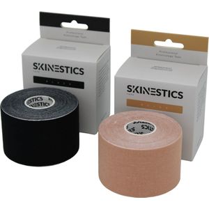 Skinestics Kinesiologie tape – Sport tape – Fysio tape – Kleur zwart+beige – nu 20% langer, 600 cm lang bij 5 cm breed, 170% rekbaar gelijk aan menselijke huid, standaard voorzien van extra sterke lijm, katoen, voor het hele lichaam, medical taping