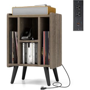 Goodivery® - Platenspeler Kast - Platenspeler Meubel - Lp Kast - Vinyl Kast - met Oplaadstation - met Legplank - Opslagkast voor Vinylplaten - 43x35x68cm - Grijs