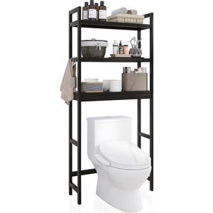 Badkamer-opbergrek, bamboe boven-toilet-organizer-rek, vrijstaande wc-ruimtebesparing met 3-traps verstelbare planken (zwart)