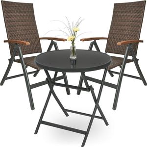 BRUBAKER Tuinmeubelset Modena - 1 Glazen Vouwtafel Ronde 70 cm Ø met 2 Polyrattan Klapstoelen - Weerbestendig - Bruin/Antraciet