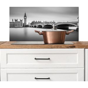 Spatscherm keuken 90x45 cm - Kookplaat achterwand Londen - Big Ben - Water - Skyline - Zwart wit - Muurbeschermer - Spatwand fornuis - Hoogwaardig aluminium