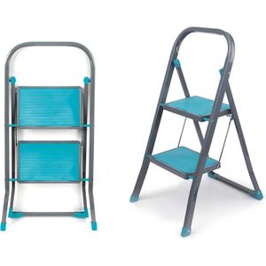 2 Step Ladder - Non-Slip Steps - Outdoor Indoor - Strong Steel - Durable Sturdy - Safety Clip - Approx 2 Metre Reach Height - Turquoise Grey