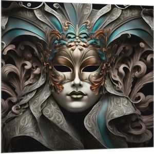 Vlag - Wit Venetiaanse carnavals Masker met Blauwe en Gouden Details tegen Zwarte Achtergrond - 100x100 cm Foto op Polyester Vlag