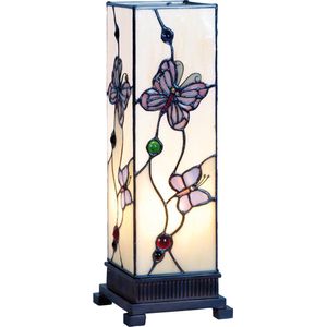 HAES DECO - Tiffany Tafellamp 12x12x35 cm Wit Roze Glas Rechthoek Vlinder Tiffany Bureaulamp Tiffany Lampen