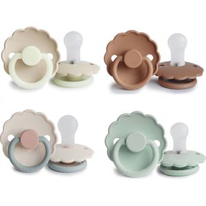 FRIGG DAISY Fopspeen set 4 stuks - Siliconen - Maat 1 - 0-6 maanden - Peach Bronze - Cream Night - Seafoam - Cotton Candy