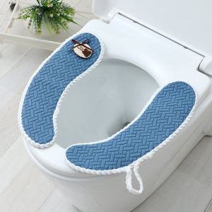 Tweedelige wasbare en herbruikbare toiletbrilhoes, zelfklevend, tweedelig pluchen ontwerp - blauw.