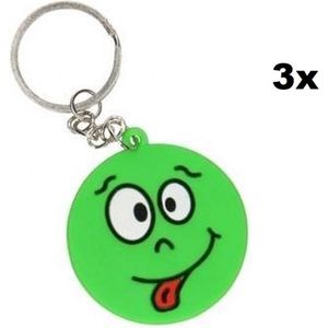 3x Sleutelhanger emoji groen - Smiley 4cm - Sleutel hanger emoticon uitdeel themafeest verjaardag emoji fun