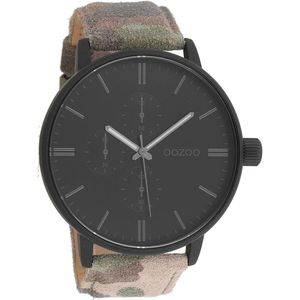 OOZOO Timepieces - Zwarte horloge met camouflage leren band - C10312