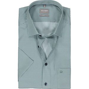 OLYMP comfort fit overhemd - korte mouw - popeline - wit met blauw en groen dessin - Strijkvrij - Boordmaat: 45