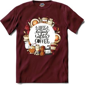 Life Begins After Coffee | Koffie - Coffee - Vintage - T-Shirt - Unisex - Burgundy - Maat M