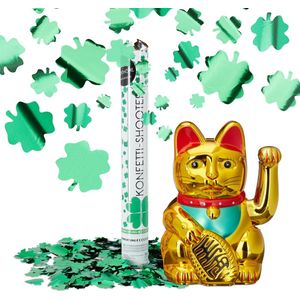 Relaxdays 2-delige geluksset - maneki neko - gelukskat 16 cm - party popper klavertje vier