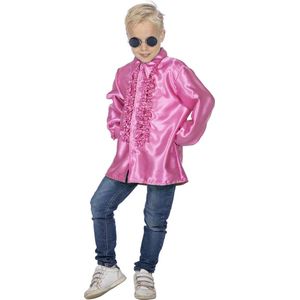 Wilbers & Wilbers - Jaren 80 & 90 Kostuum - Roze Ruchesblouse Satijn Foute Disco Kind - Roze - Maat 152 - Carnavalskleding - Verkleedkleding