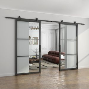 Dubbele stalen schuifdeur helder glas 3 Vlaks - 235,0 x 100,0 - Incl. Softclose