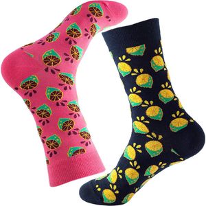 Sokken - 2 paar - Citroenen - Roze - Blauw - Maat 37-44