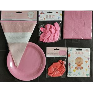 Babyshower Versiering Pakket - Baby Shower Set - Geboorte Cadeau Meisje - Folieballon / Vlaggenlijn / Afzetlint / Roze en Babyshower Balonnen / Servetten / Roze borden  - Kraamfeest - Meisje