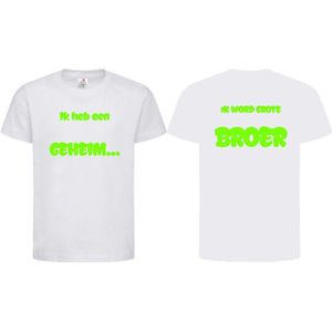 Shirt Aankondiging zwangerschap ""Ik heb een GEHEIM..."" op voorkant ""Ik word grote BROER"" op achterkant | korte mouw | Wit/fluor green | maat 134/140 zwangerschap aankondiging bekendmaking Baby big bro brother Grote Broer
