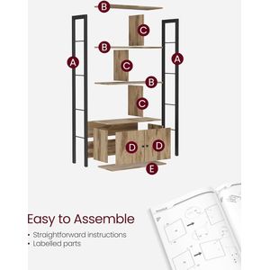 Hoppa! Boekenplank, opbergplank, grote boekenkast met deuren, 4 planken, stalen structuur, industriële stijl, voor woonkamer, kantoor, geroosterd eikenkleur en zwart LBC022B50