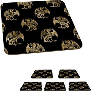 Onderzetters voor glazen - Patronen - Draak - Goud - Zwart - 10x10 cm - Glasonderzetters - 6 stuks