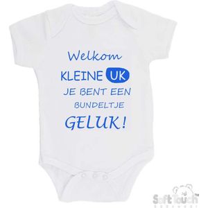 100% katoenen Romper ""Welkom kleine uk, je bent een bundeltje geluk"" Jongens Katoen Wit/blauw Maat 56/62