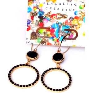 Jeannette-Creatief® - Chique - Zwarte Facet - Oorhangers - Oorbellen - Oorbellen Dames - Gouden oorbellen - Zwarte oorbellen - Glashanger - Zwart Crystal Glass - Zwarte Steentjes - Cadeau - Damesmode - Goudkleurige oorhaakjes