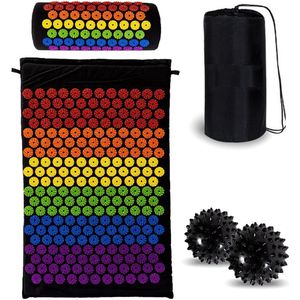 Acupressuur mat met spijkerkussen - Spijkermat met kussen Incl. 2x Triggerpoint ballen & draagtas - 65x40x2cm - Shakti mat - chakra kleuren
