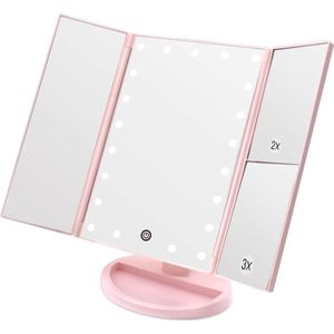 Make-upspiegel, 1 x / 2 x / 3 x drievoudig gevouwen make-upspiegel met 21 ledlampen en verstelbaar touchscreen, verlichte spiegel, make-upspiegel voor werkblad (roze)