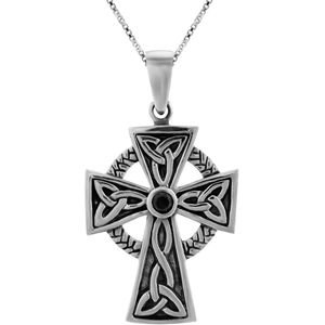 Zilveren ketting dames | Zilveren ketting met hanger, kruis met zwart kristal en cirkel