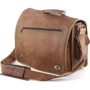 Laptoptas 15,6 inch “Estrada” - Messengertas - Bruin Echt Leer Businesstas - ECHTE LEDER - Unisex Vintage Design - Boekentas - Handgemaakt - A4 formaat – RVS gespen