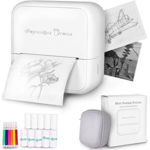 Impressora Térmica® - Mini printer - 300 DPI - Pocket printer - Met grijze opberghoes - Inclusief 13 Rollen Papier En Kleurpennen - School - Montessori Speelgoed - Draadloos - Wit