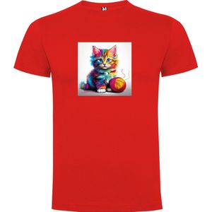 Rood T-Shirt met “ Kleurrijke Kitten met bol wol“ Print Full Color maat 104 / 3/4 jaar