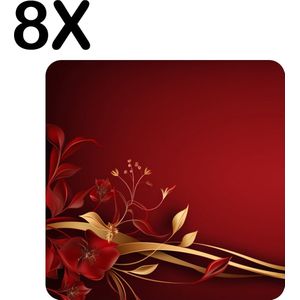 BWK Stevige Placemat - Gouden en Rode Bloemen - Lint - Set van 8 Placemats - 40x40 cm - 1 mm dik Polystyreen - Afneembaar