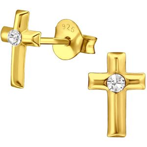 Joy|S - Zilveren kruisje oorbellen - 6 x 9 mm - kristal - kruis oorknoppen - 14k goudplating