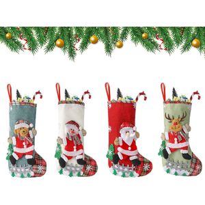 OIMG 4 stuks kerstkous - 19x31cm - Set van 4 grote kerstmanlaarzen om te vullen kerstkous, cadeauzak, kerstboomhanger, kerstdecoratie met kerstman, sneeuwpop, rendier, beertje - Kerstdecoratie - Kerstversiering/kerstdecoratie kerstsokken