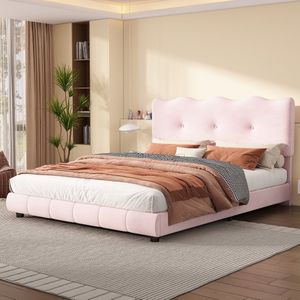 Sweiko Gestoffeerd bed, 140 x 200cm, Hoofdeinde Golven en wolken, Verstelbaar hoofdeinde, Fluweel, bed met Flat noedles frame (zonder matras), minimalistisch, Roze