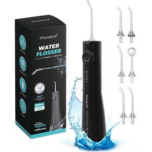 Mondura® Black series - Waterflosser Draadloos - Monddouche - Elektrische Water Flosser - Flosapparaat – 6 opzetstukken - 300 ml – 5 standen - Zwart