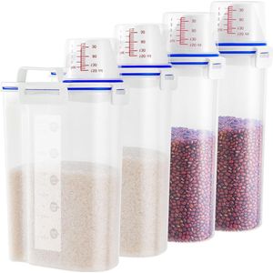 Rijstdispensers 45 kg set van 4 - kleine rijstemmer met maatbeker en schenktuit - keuken kunststof luchtdichte container - granen graan meel suiker havermout droog hondenvoer voor huisdieren rice dispencer