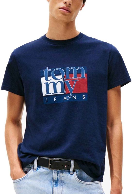 Tommy Jeans - T-shirt - Blauw - Ronde Hals - Normale Pasvorm - Kwartmouw
