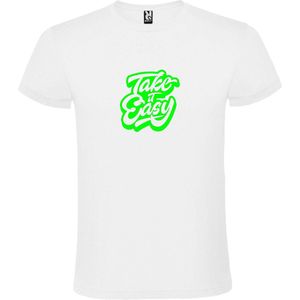 Wit T-Shirt met “ Take it Easy “ afbeelding Neon Groen Size M