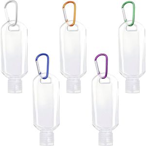 5 Piece Refillable Hand Sanitizer Travel Bottle Set - Clear Leakproof Plastic Squeeze Bottles - Portable Flip Cap Containers for Shampoo, Cosmetic Lotion, Body Wash - Includes 5 Hooks