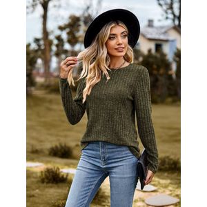 ASTRADAVI Casual Chic - Frayed Stripe Dames Blouse - Stijlvolle Top met Ronde Hals - Legergroen / 2X-Large