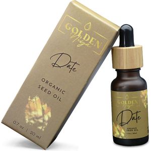 Dadelpit olie Golden Niya Puur 20ml - EU Bio, EcoCert - USDA Keurmerk- Haar - huid - gezicht-nagels - Koudgeperst - biologisch- Proefdiervrij- Vitamine A & E- Omega 9 & 6- Huidveroudering- Anti-aging- Anti-rimpel- Dadel - Pipetfles