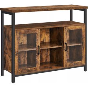 In And OutdoorMatch Dressoir Keukenkast Clyde - Opbergkast - met 2 Helder Glazen Deuren - Verstelbare Planken - 100x35x80cm - Industriële Stijl - Vintage Bruin/Zwart